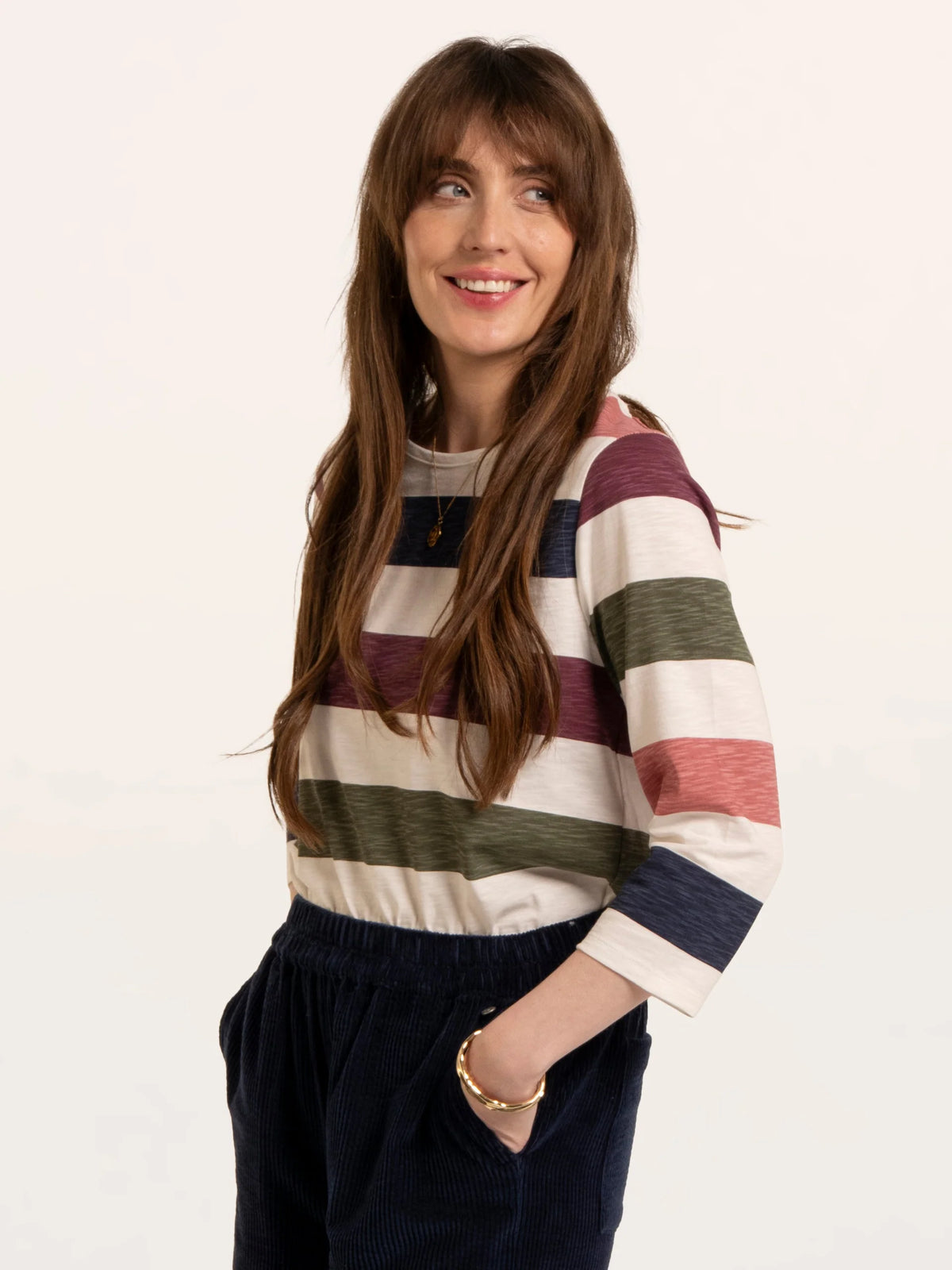 Brakeburn Womans Lulworth Multi Colour Stripe 3/4 Sleeve T-Shirt