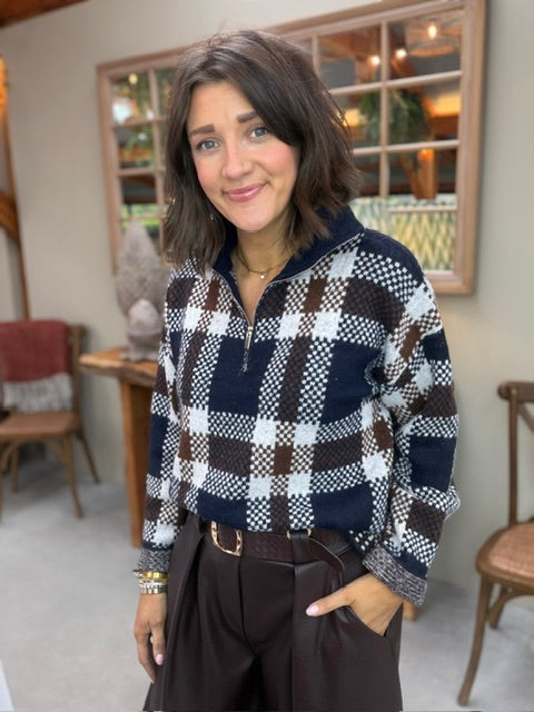 Navy, Brown & Cream Check Half-Zip Jumper
