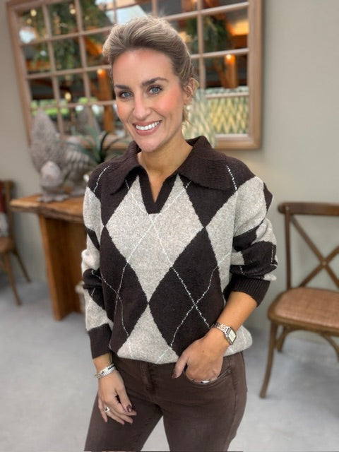 Brown & Beige Diamond Knit Jumper