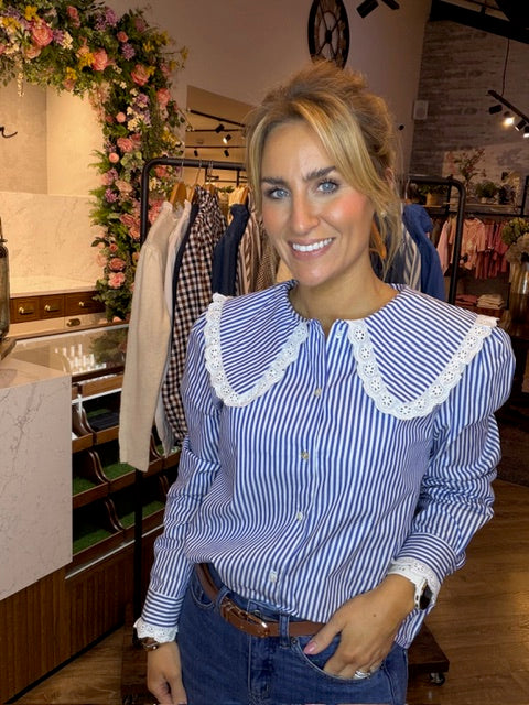 Blue + White Striped Blouse - Peter Pan Collar
