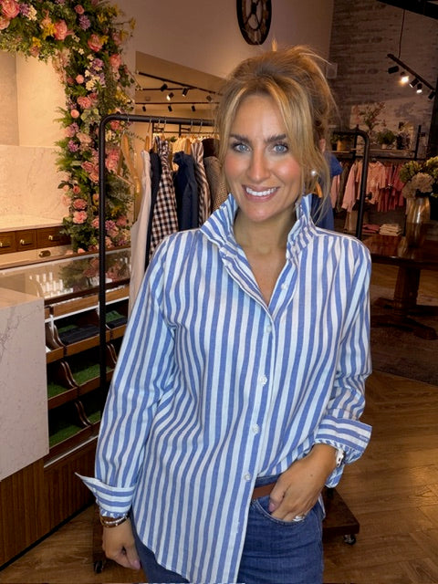Blue + White Striped Ruffle Blouse