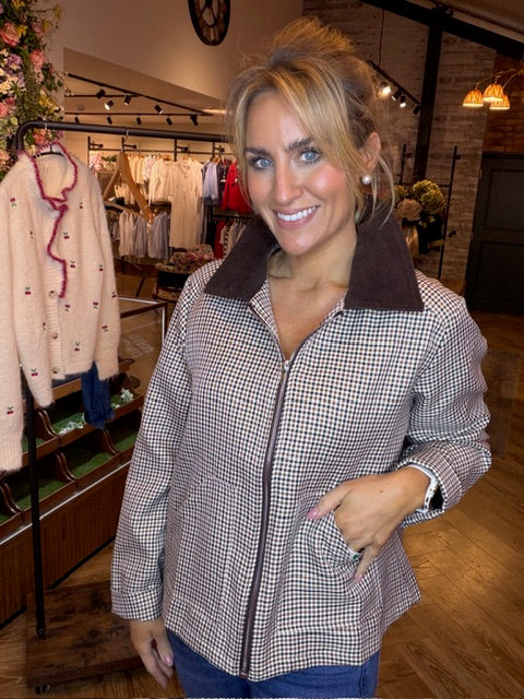 Checked Barn Jacket with Corded Collar