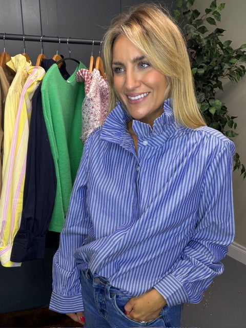 Blue Striped Ruffle Blouse