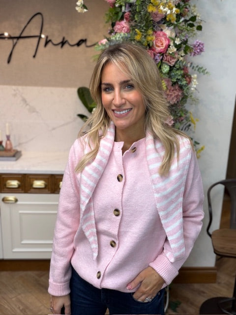 Knit Caridgan with scraf- Pink