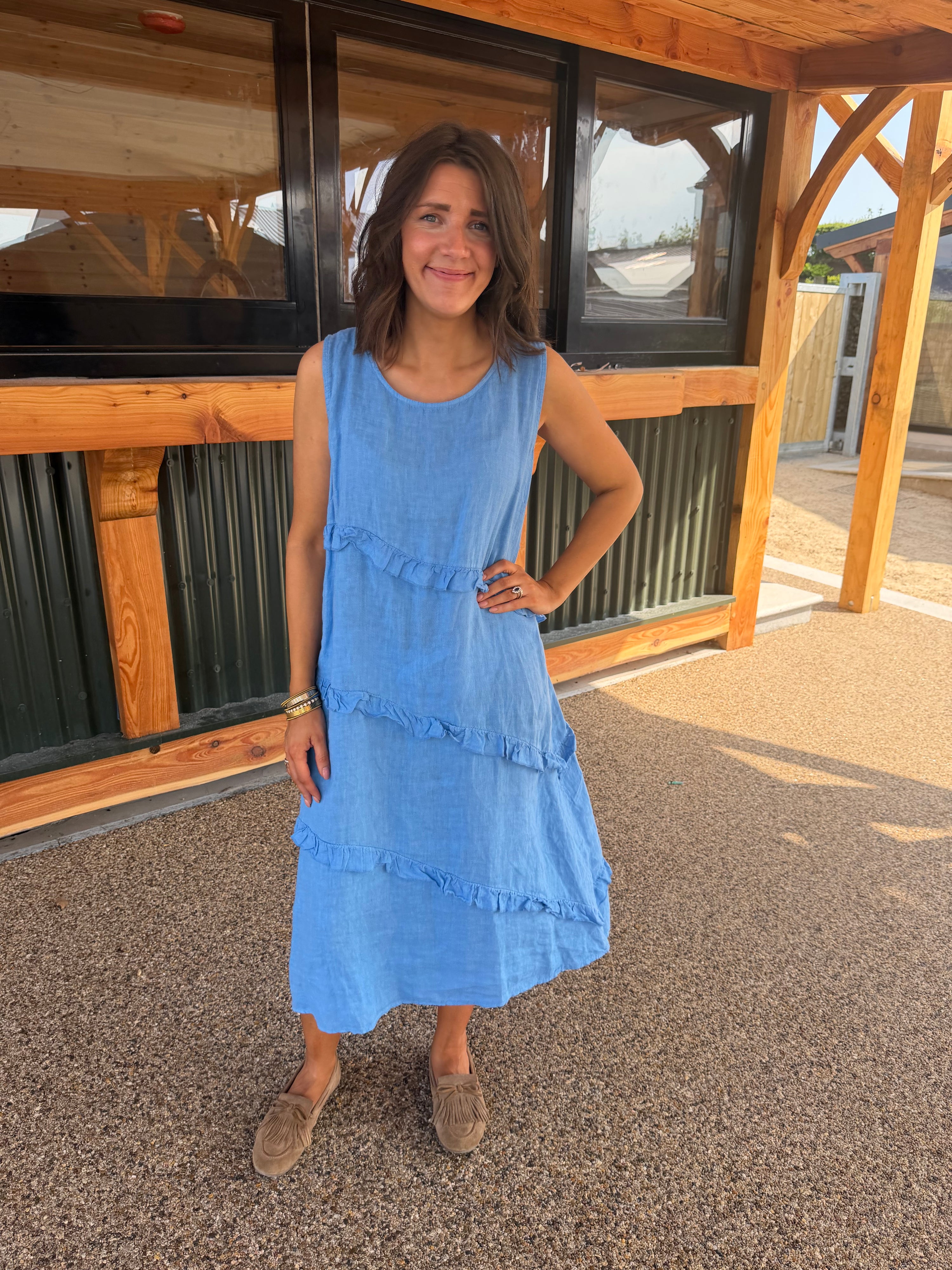 Nina Layered Ruffle Linen Maxi Dress - Blue