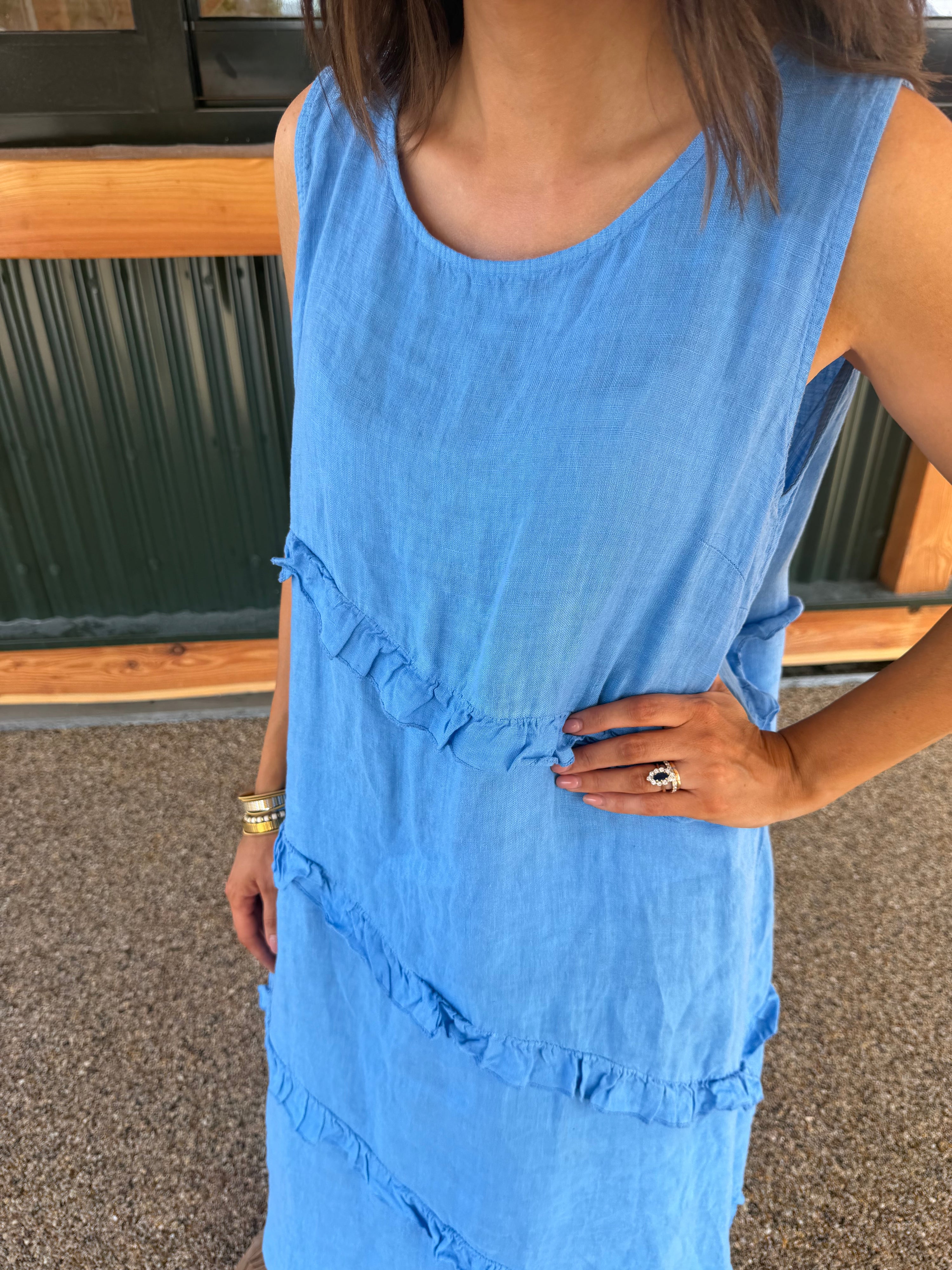 Nina Layered Ruffle Linen Maxi Dress - Blue