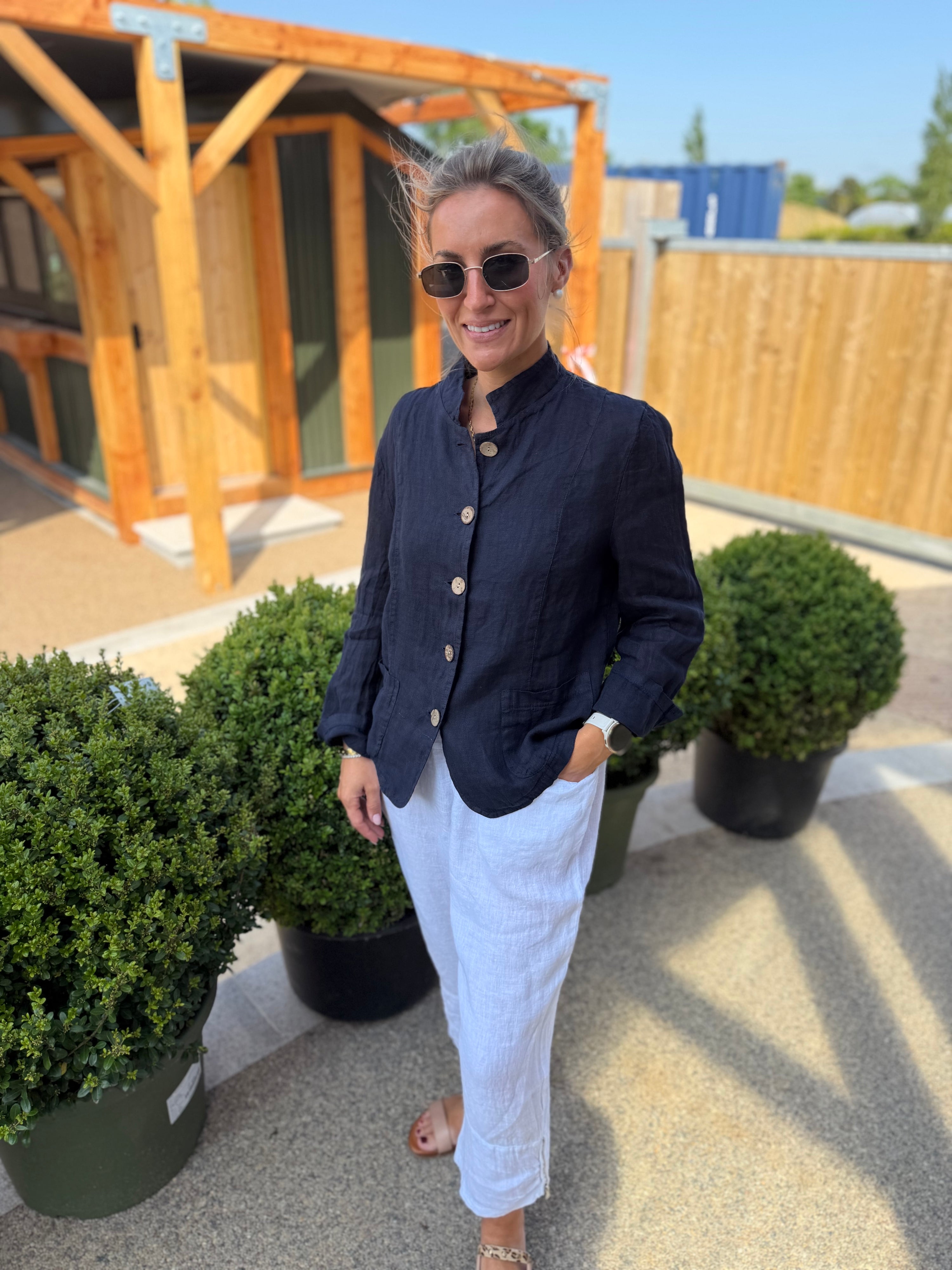 Katia Button Up Mandarin Collar Jacket - Navy