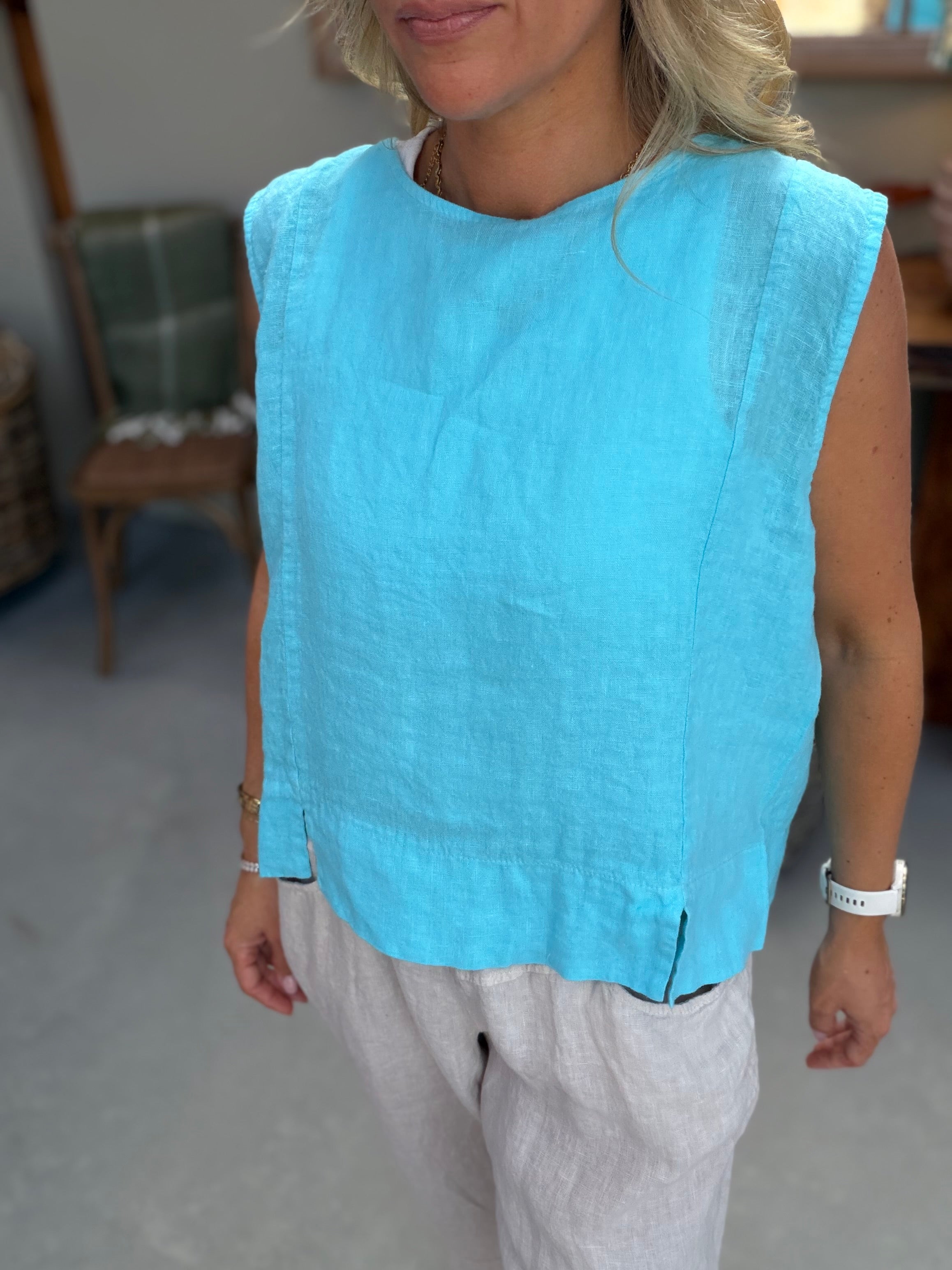 Lucie Sleeveless Linen Top - Turquoise