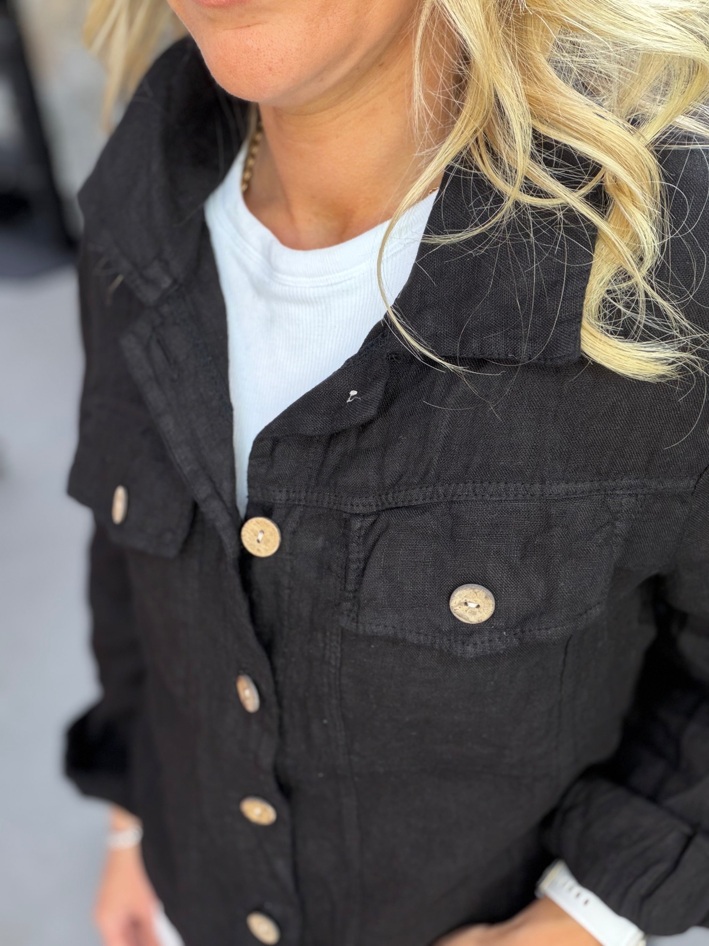 Kara Button Up Linen Jacket - Black