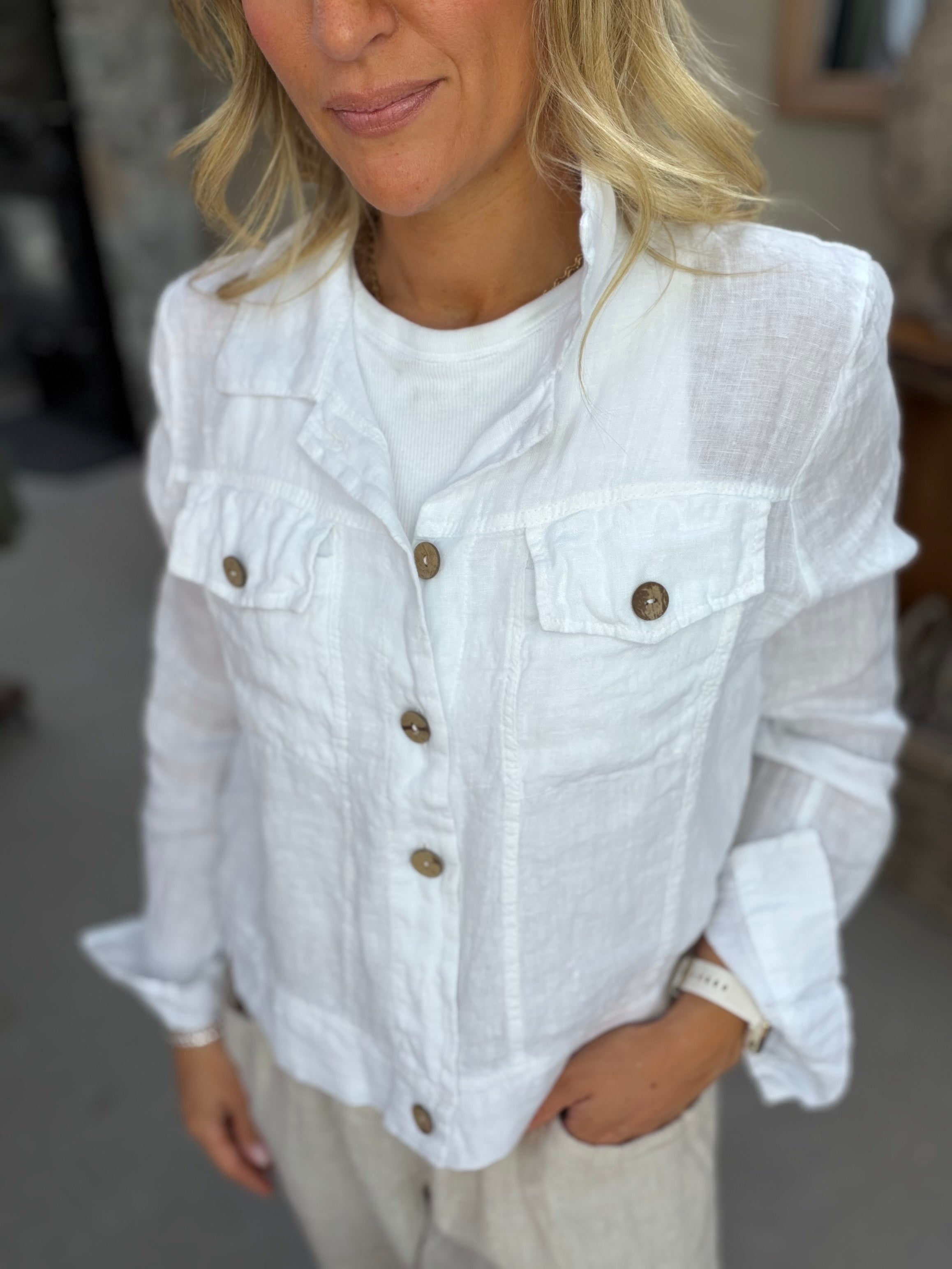 Kara Button Up Linen Jacket - White