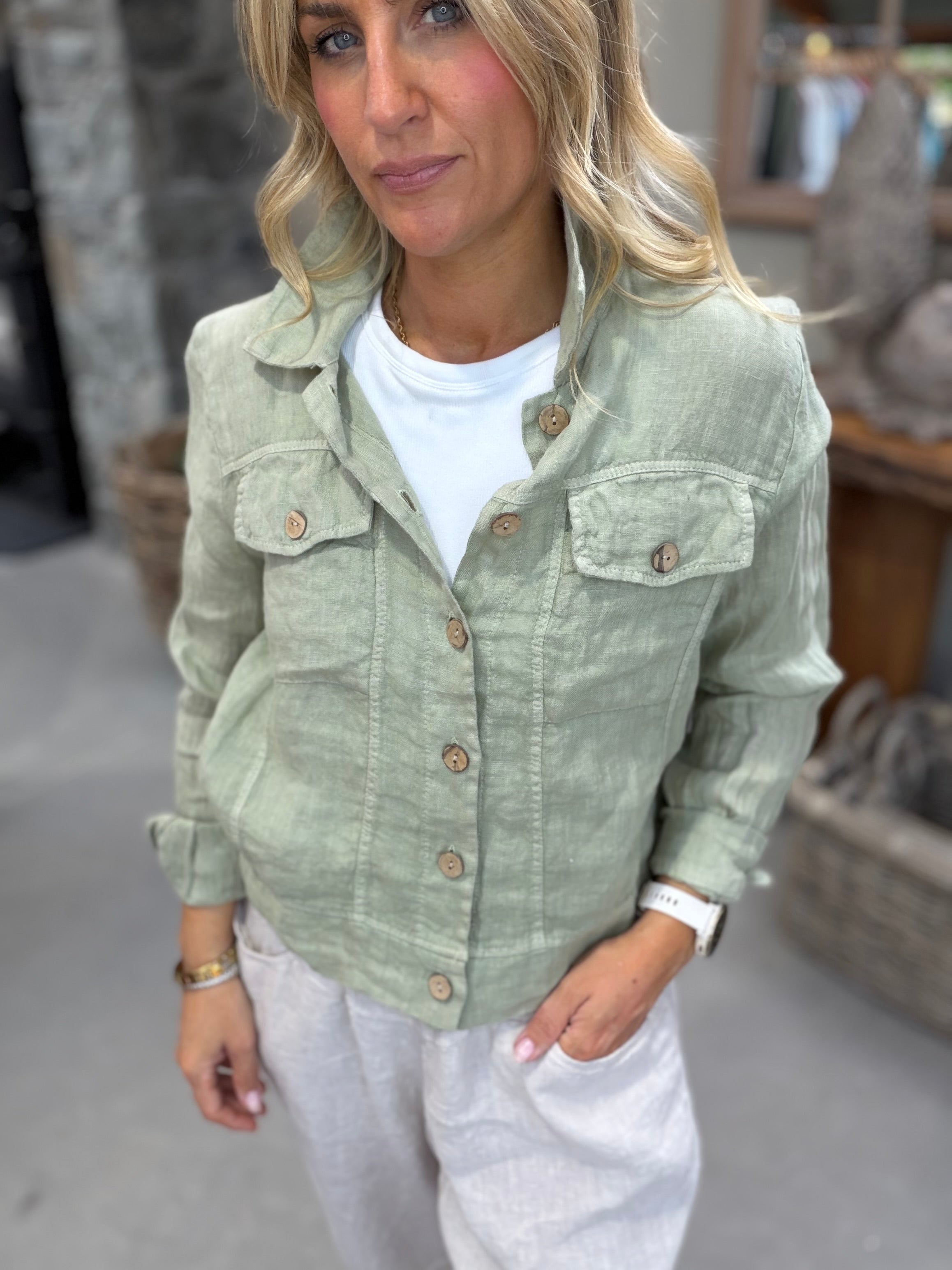 Kara Button Up Linen Jacket - Leek
