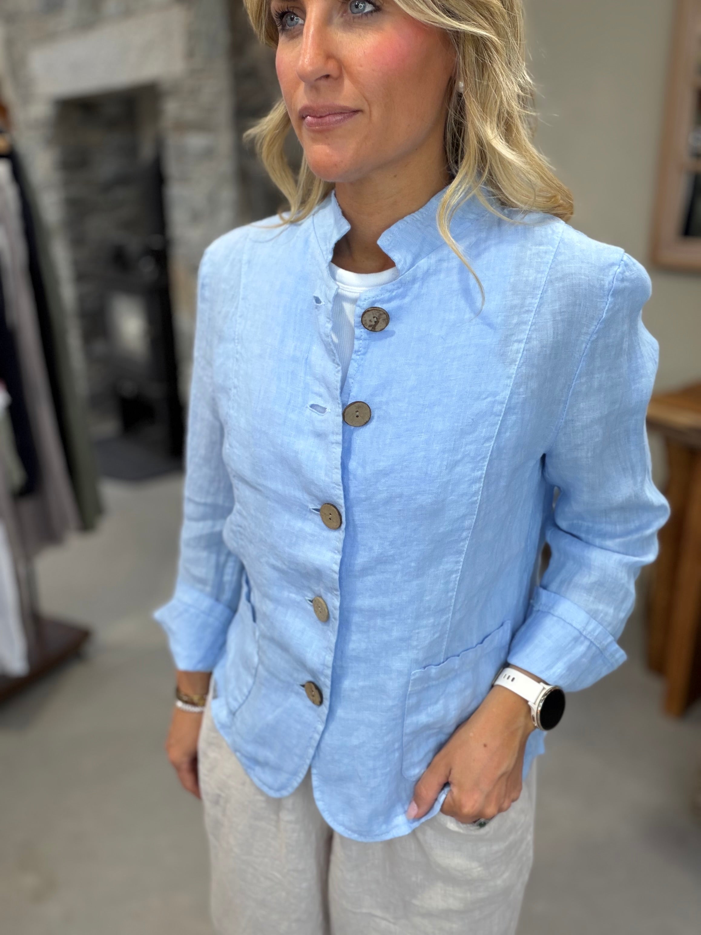 Katia Button Up Mandarin Collar Jacket - Ice Blue