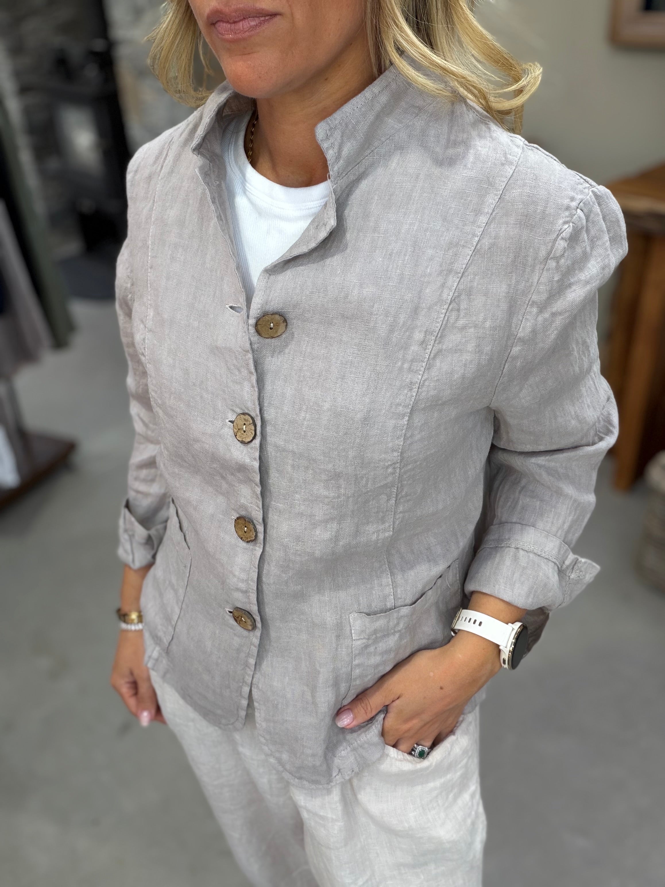 Katia Button Up Mandarin Collar Linen Jacket - Fango