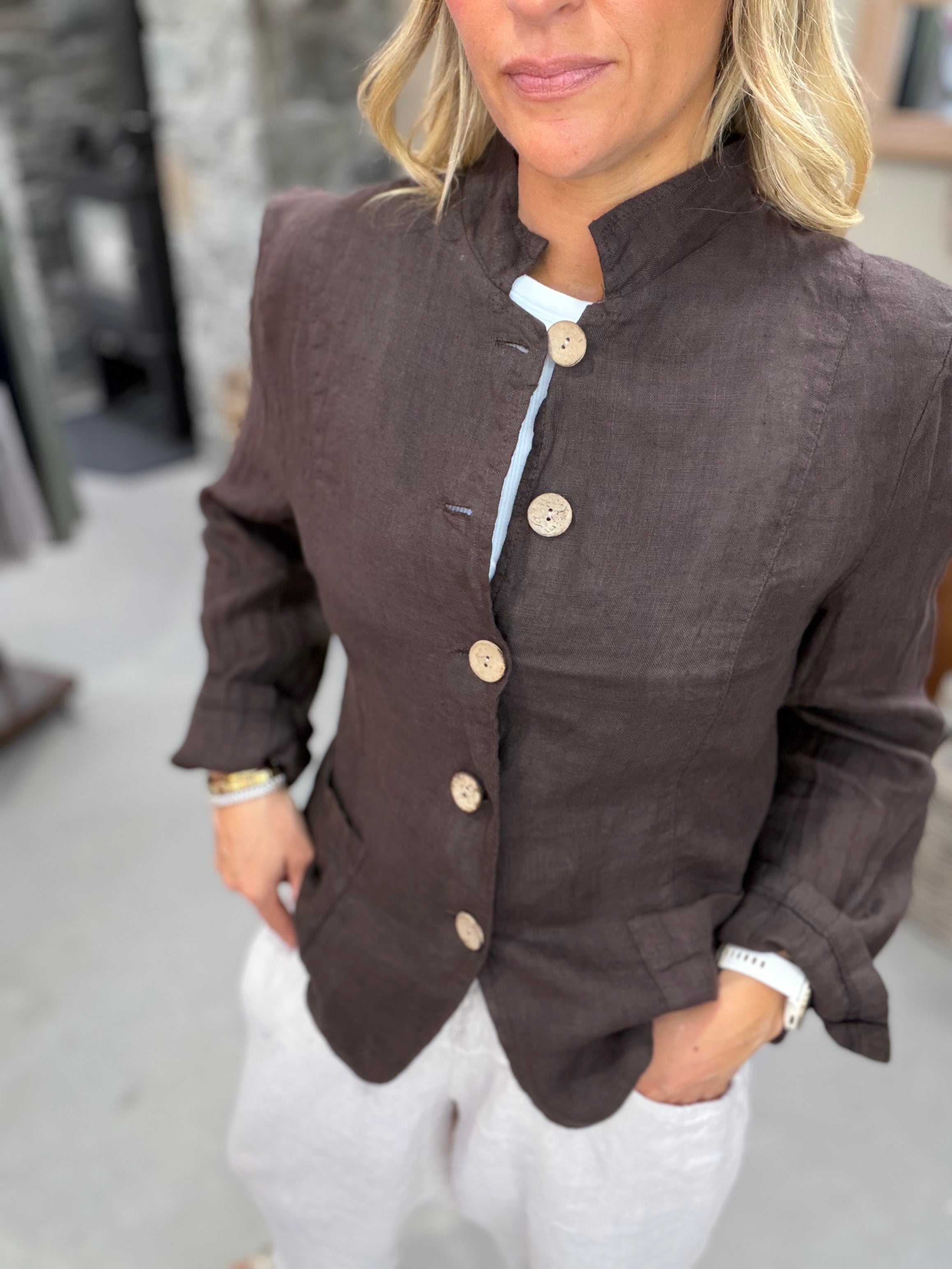 Katia Button Up Mandarin Collar Linen Jacket - Chocolate