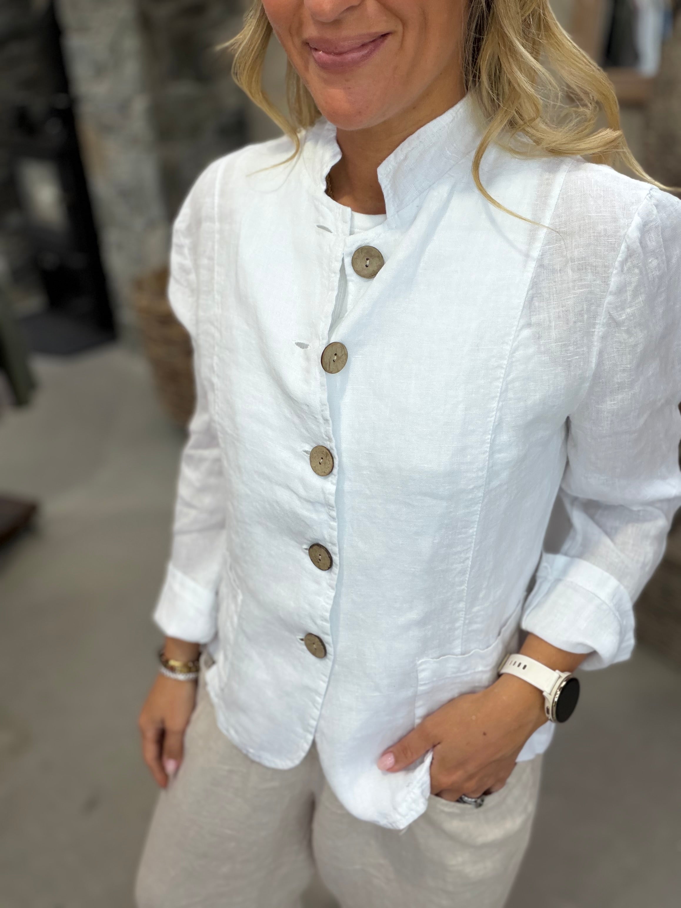 Katia Button Up Mandarin Collar Linen Jacket - White