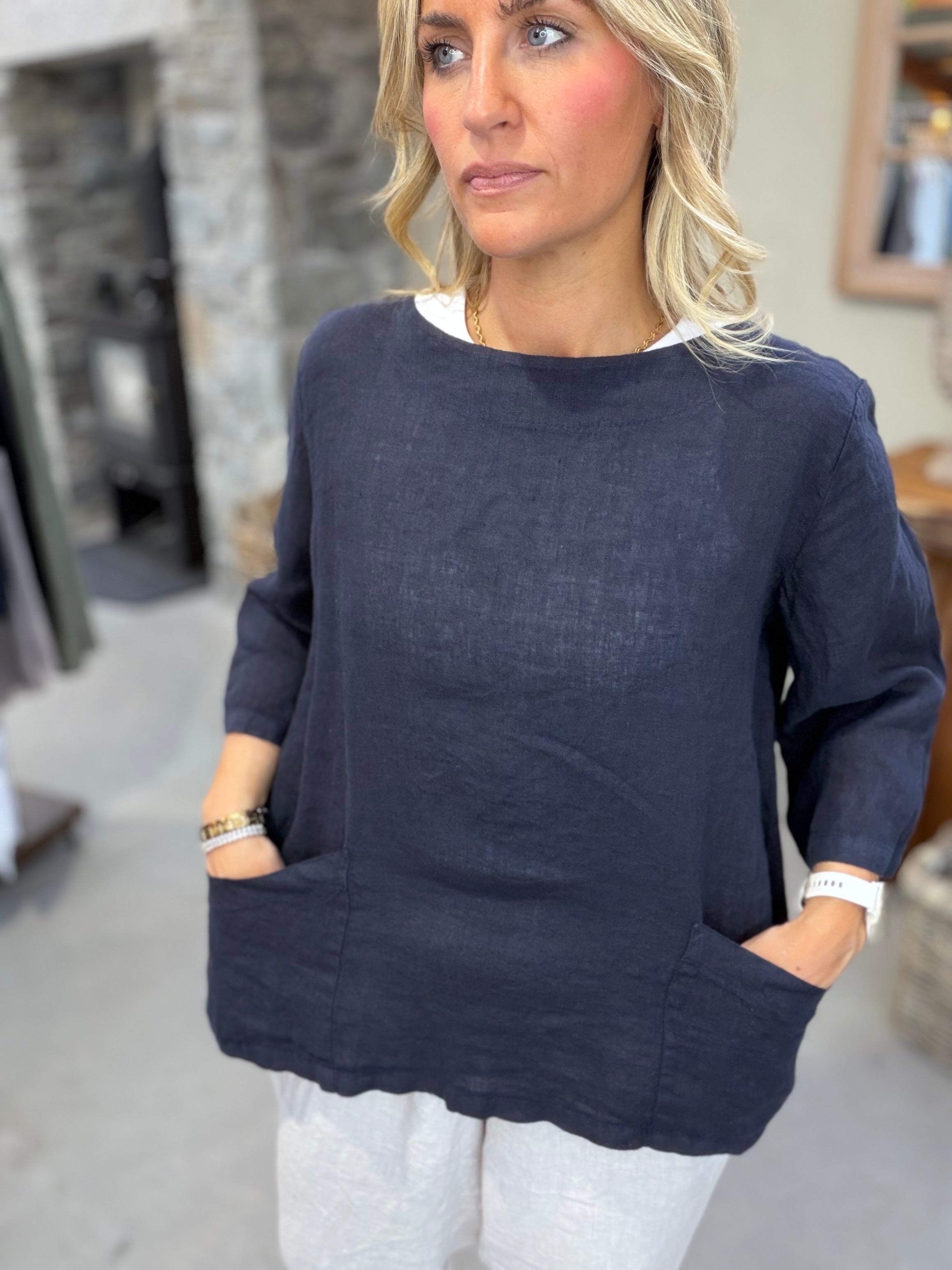 Edie 3/4 Length Sleeve Linen T-Shirt - Navy