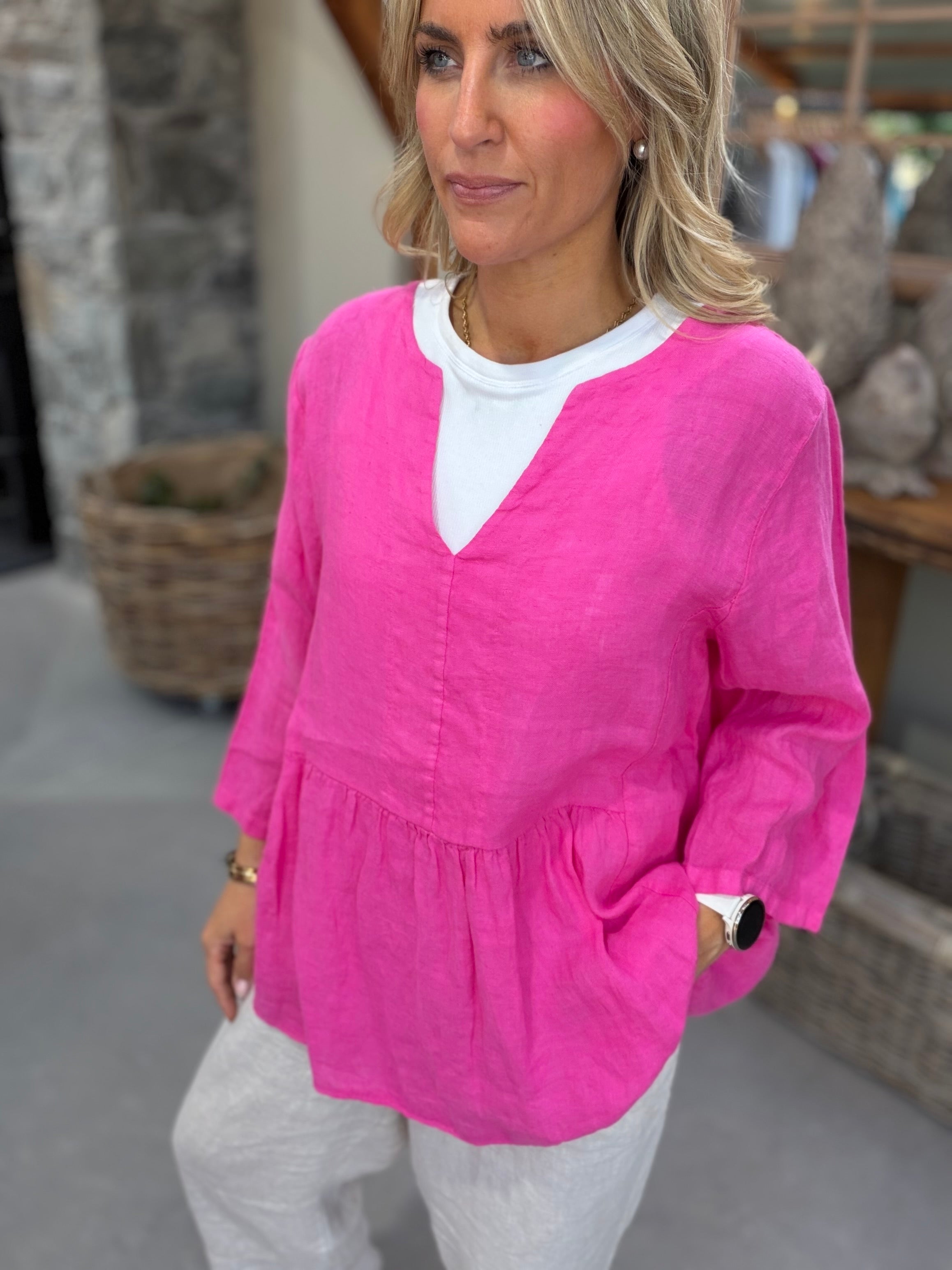 Elodie V-Neck Linen Top - Fuxi