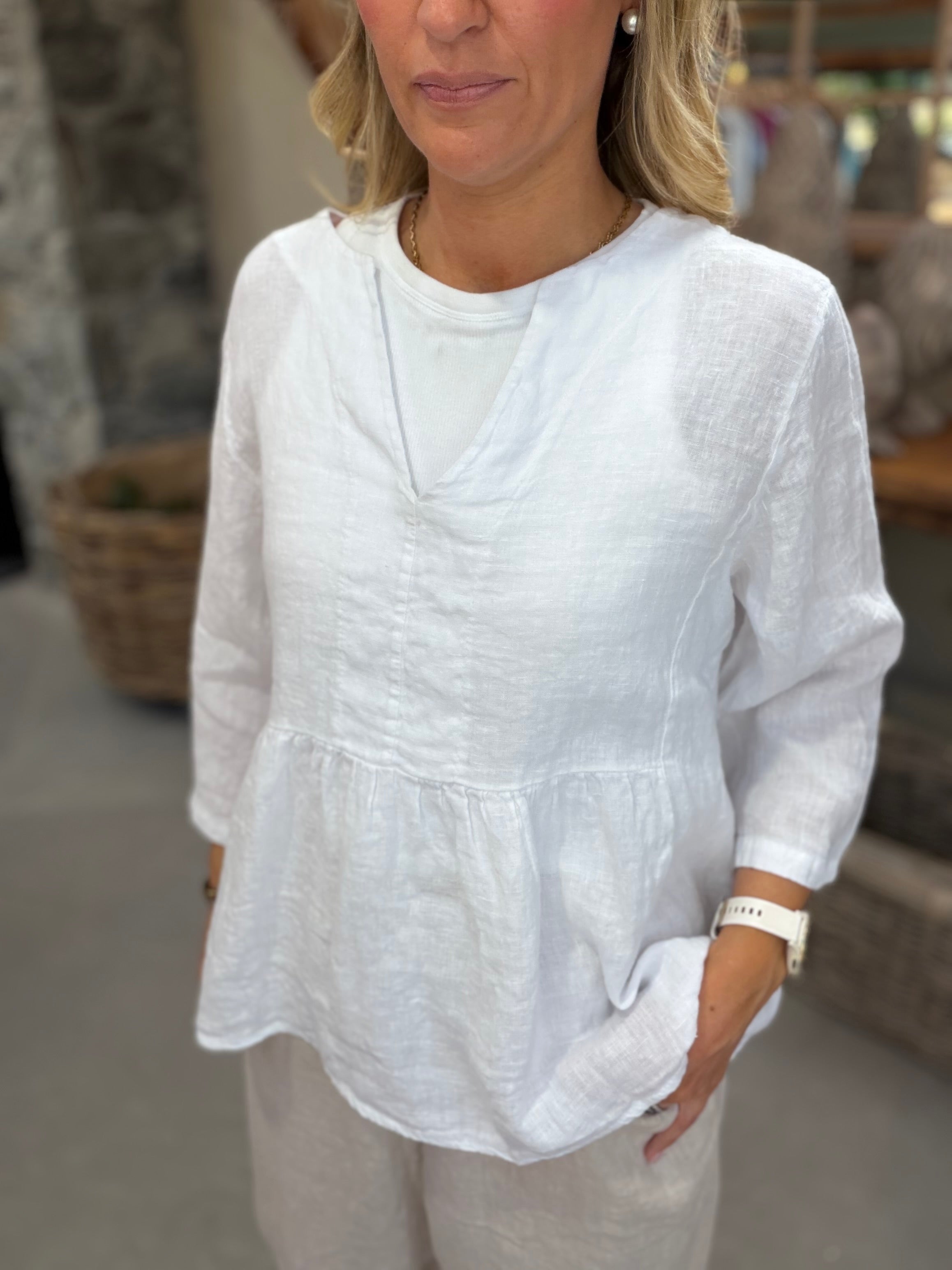 Elodie V-Neck Linen Top - White