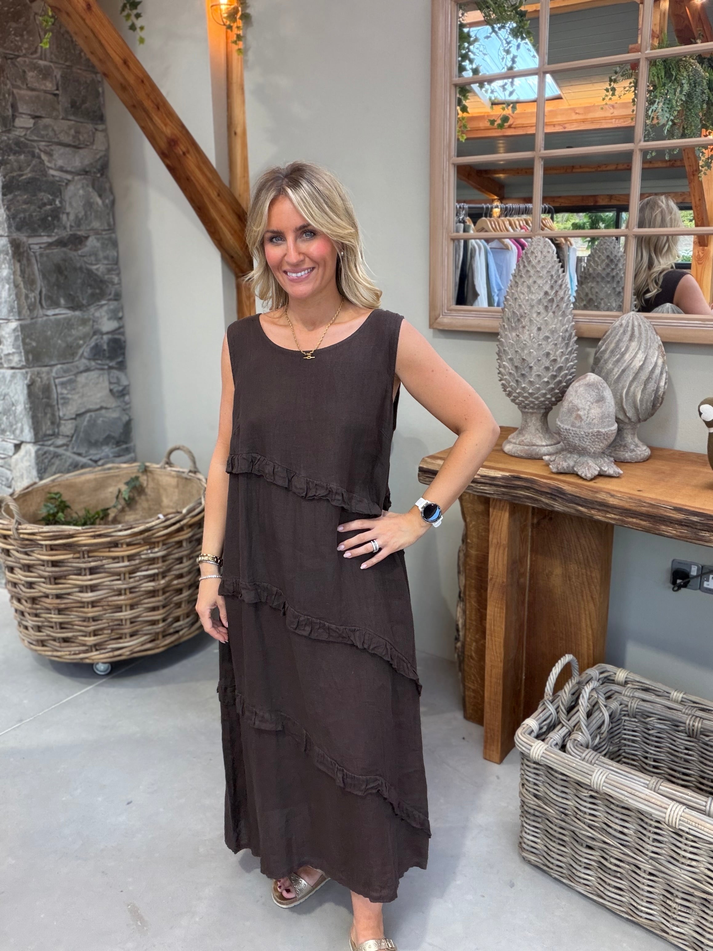 Nina Layered Ruffle Linen Maxi Dress - Chocolate
