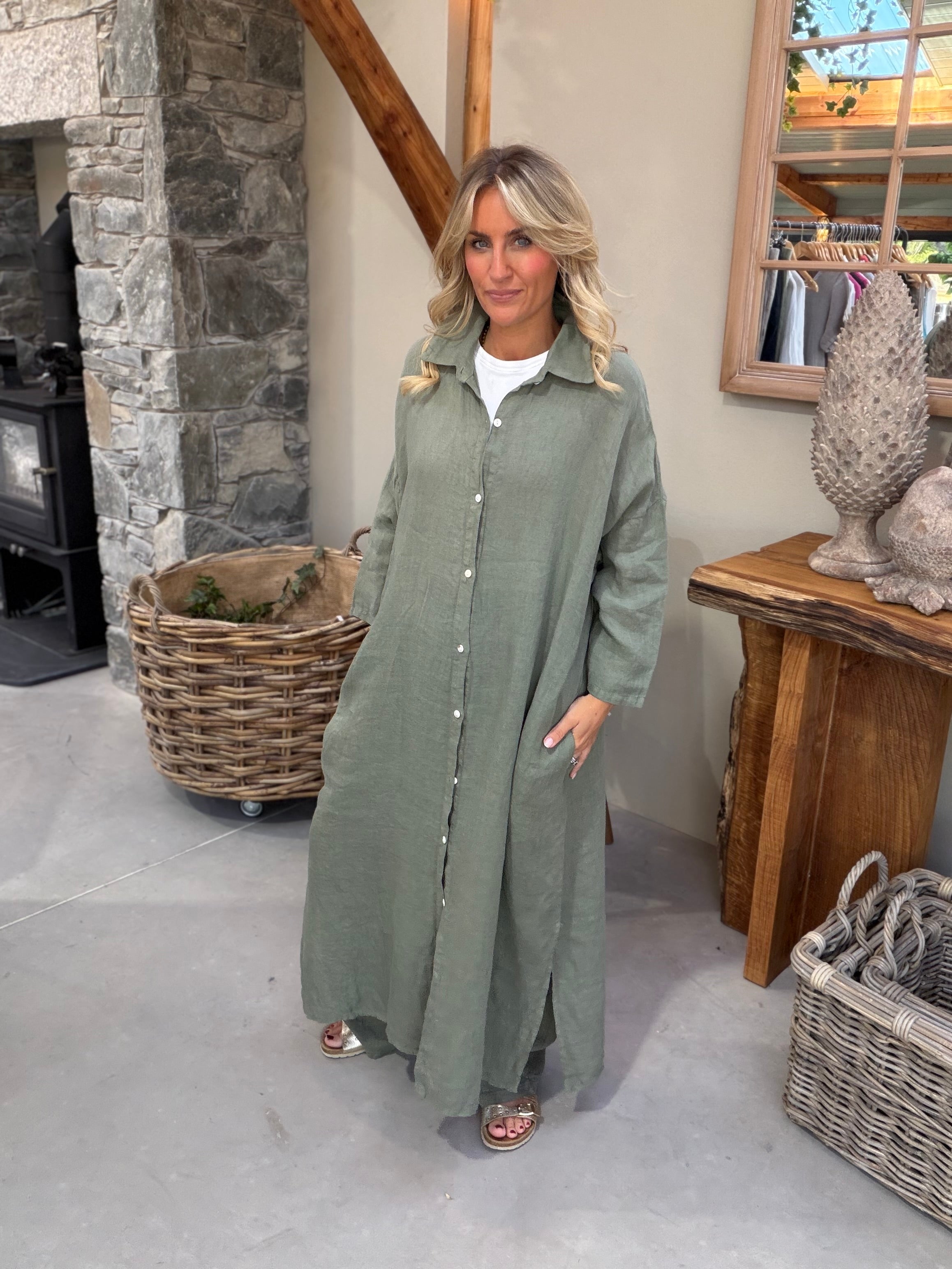Finty Linen Shirt Dress - Khaki