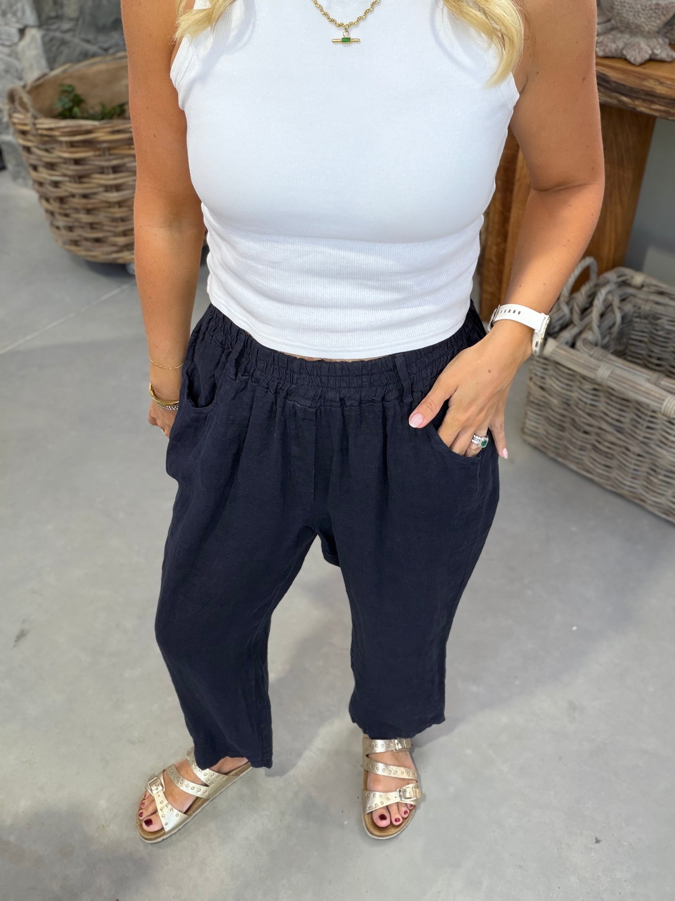 Odie Long Linen Trousers - Navy