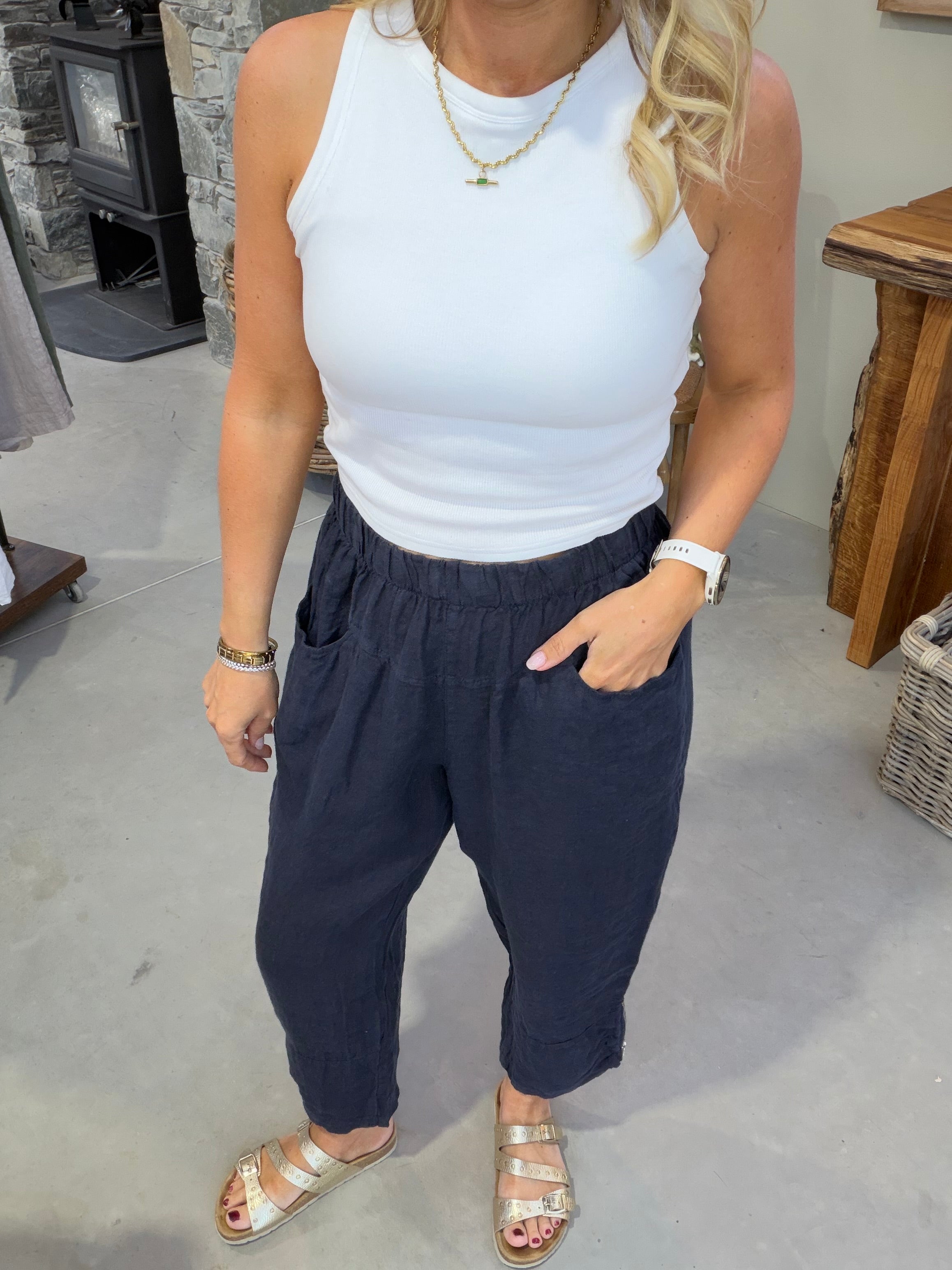 Orla Cropped Leg Linen Trousers - Navy