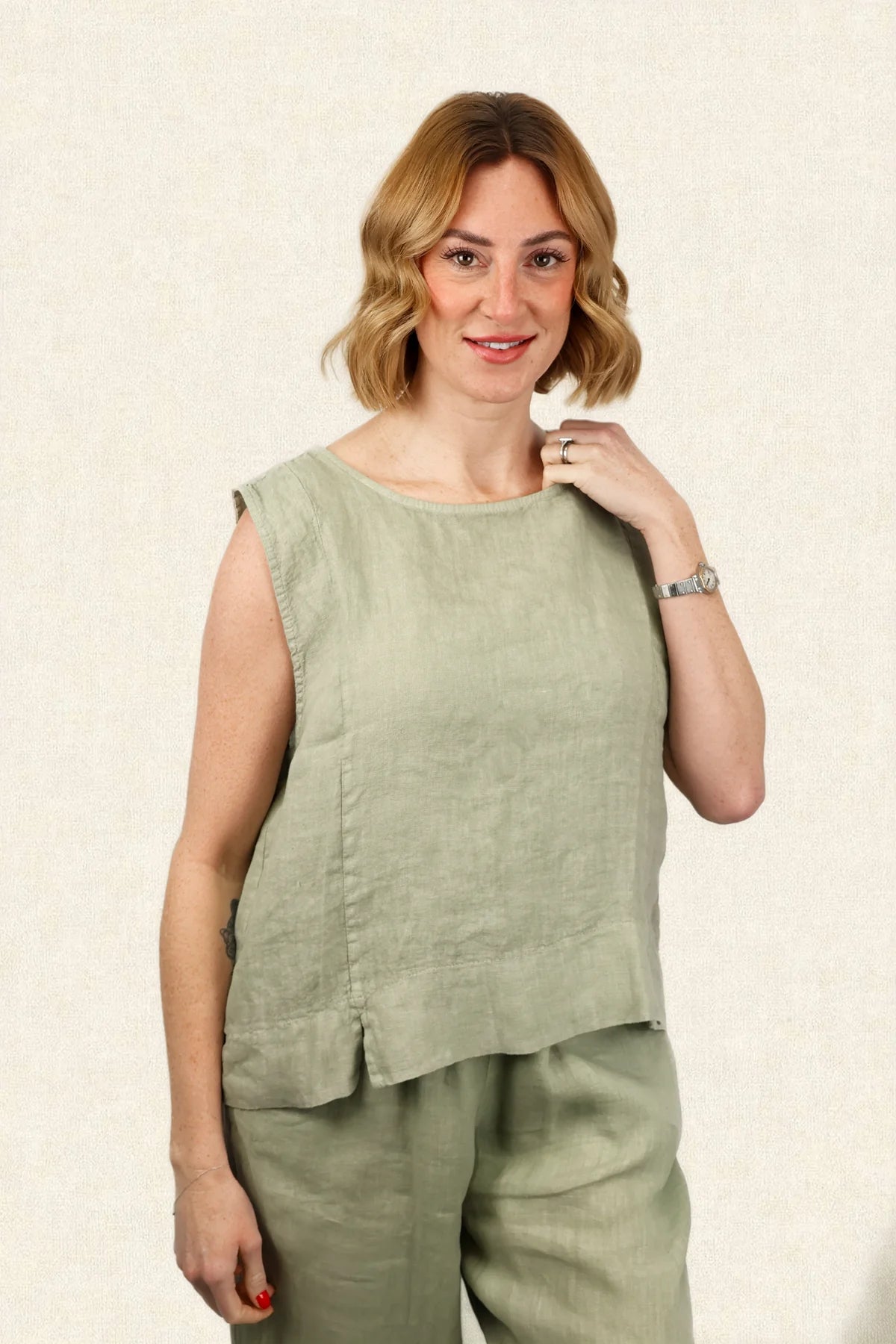 Lucie Sleeveless Linen Top - Leek