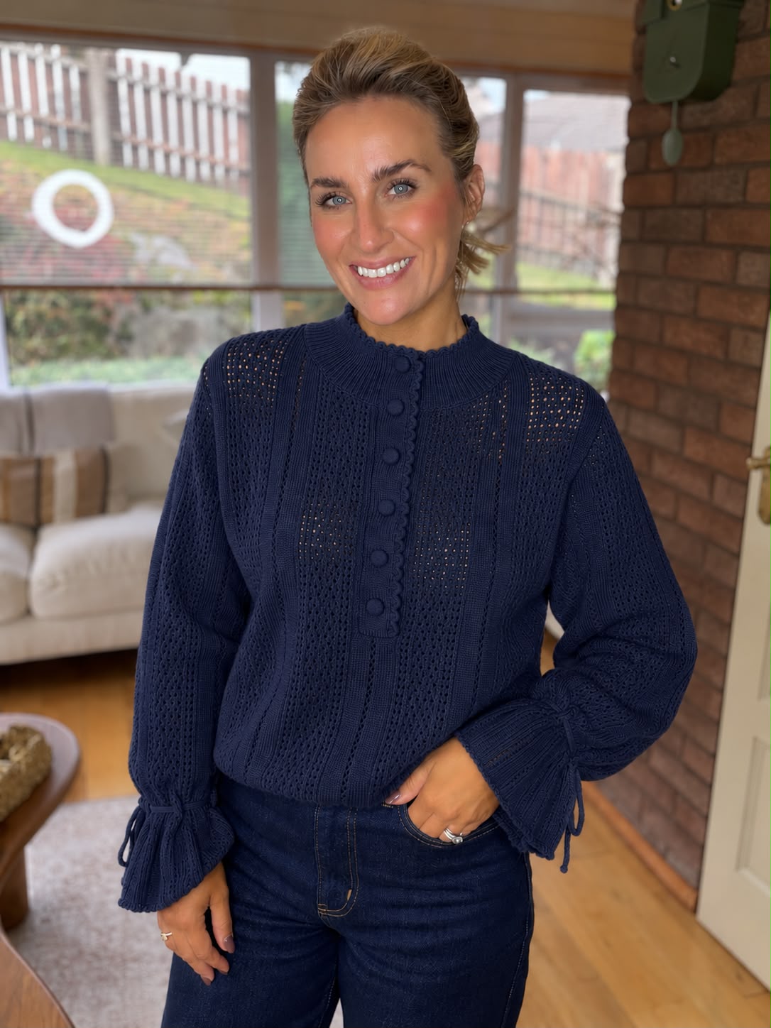 Navy Pointelle Knit Jumper