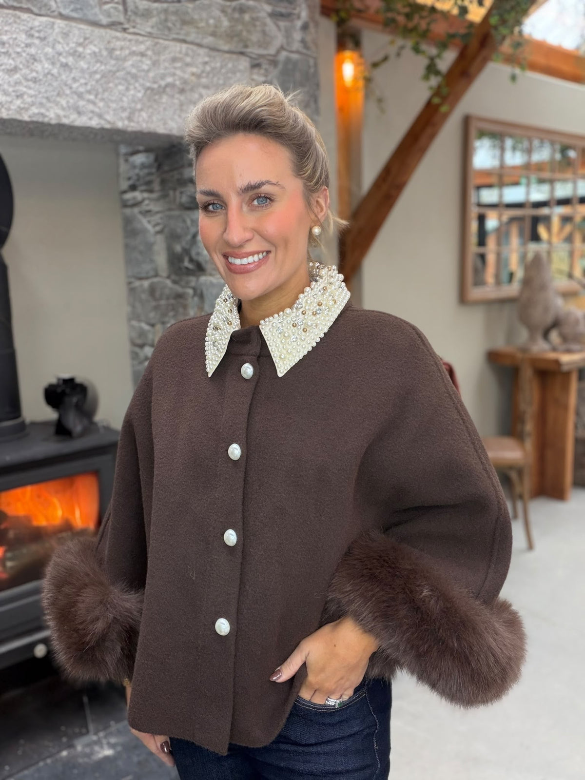 Pearl Collar Fur Cuff Jacket