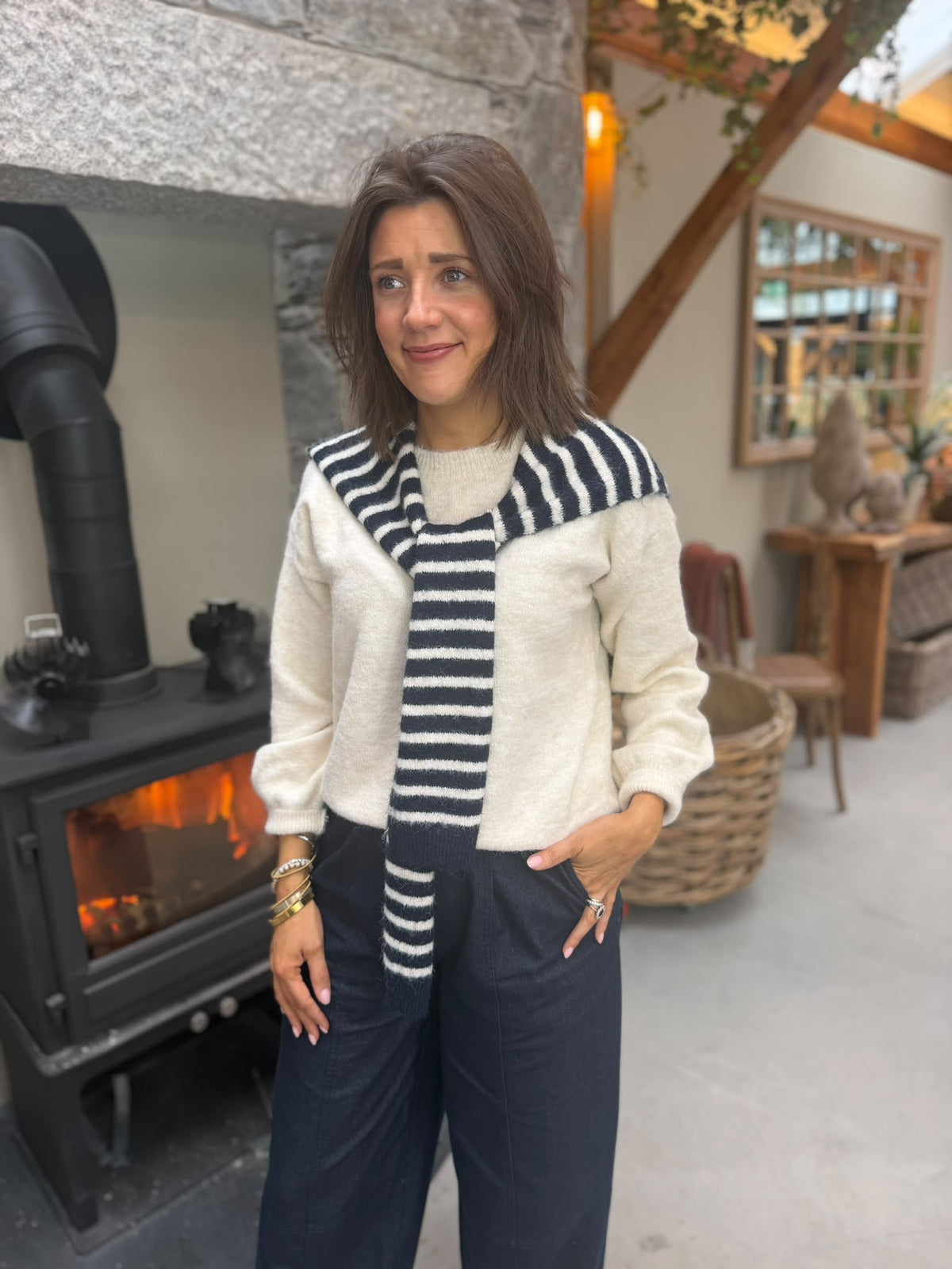 Cream & Navy Layered Knit Jumper
