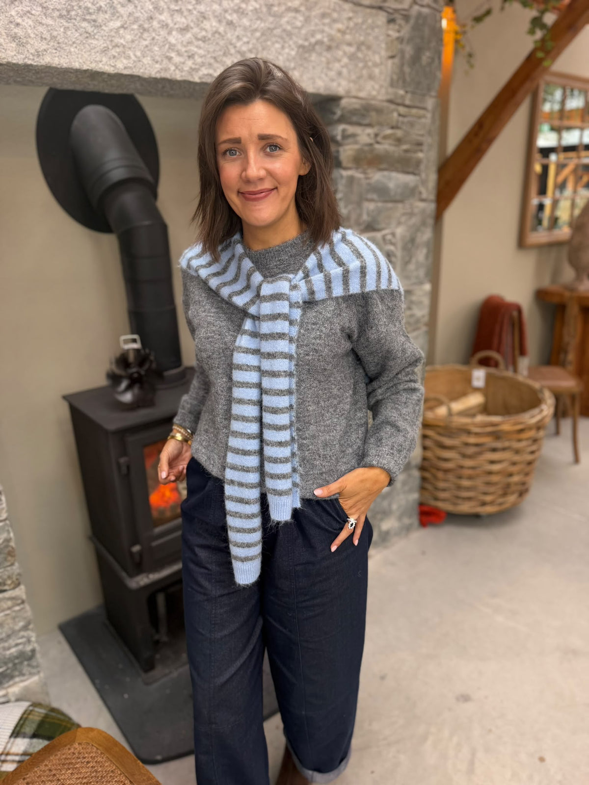 Grey & Blue Layered Knit Jumper