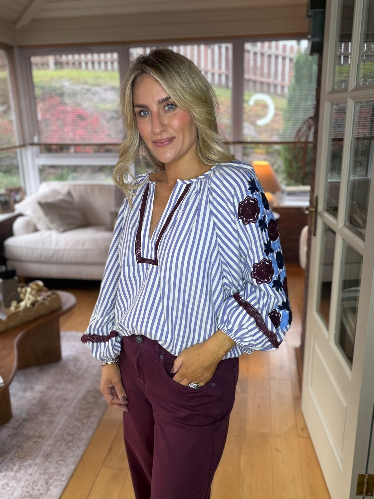 Striped Blouse with Embroidered Sleeves