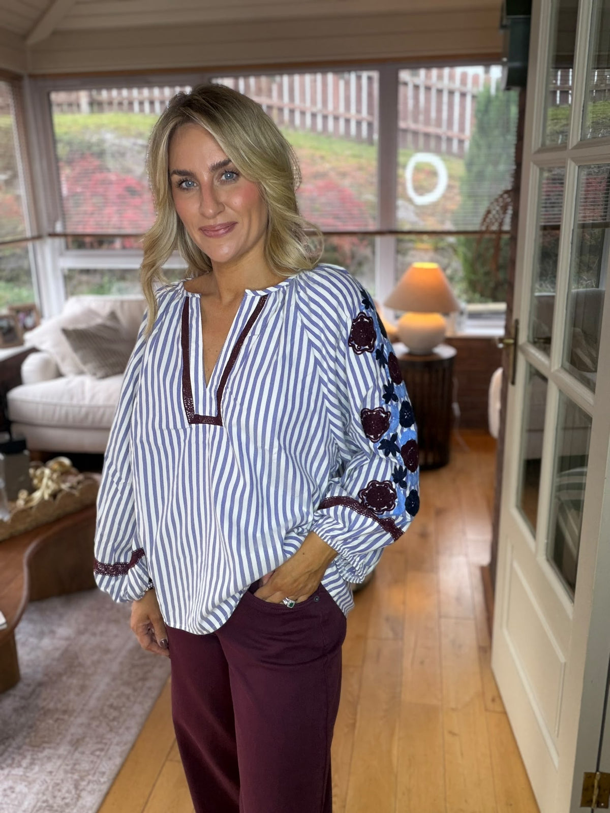 Striped Blouse with Embroidered Sleeves