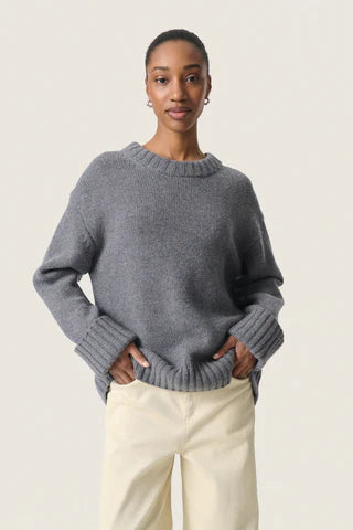 Soaked In Luxury- Moline Crew Neck Sweater- Grey Melange